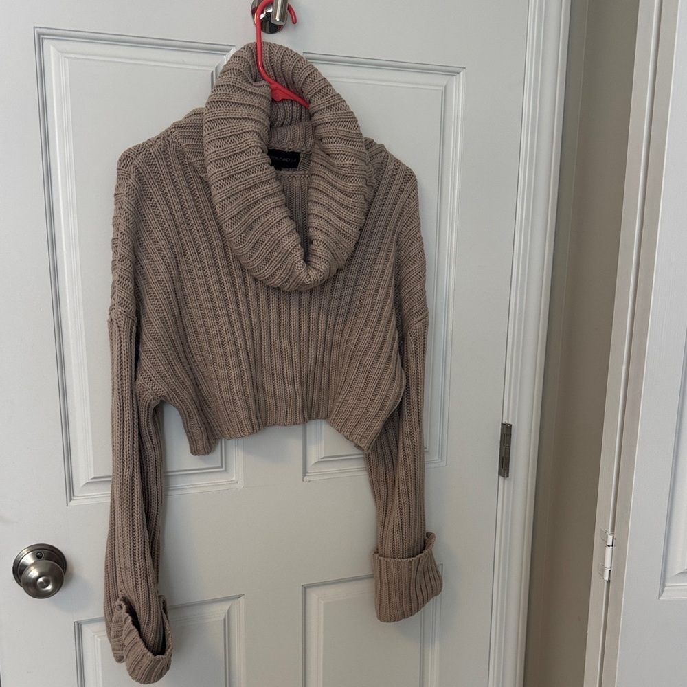 Cotton Candy Taupe Cropped Cowl Neck Sweater